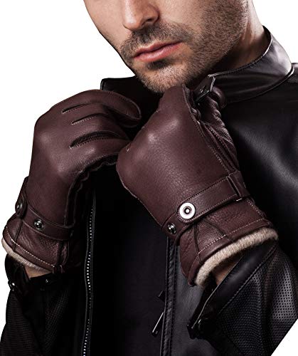 YISEVEN hommes Cachemire doublés daim Gants cuir cousu ceinture luxe naturel veritable doublure chauffée d'hiver conduite motot, Marron L