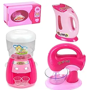 IndusBay Kitchen and Household Utility Toy Set for Kids Working Household Appliances Toy Set (Water Cooler, Microwave , Juice Mixer, Kettle) Light & Sound Toy for Girls