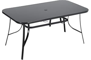 The Fellie Garden Table Outdoor Dining Table Tempered Glass Top Coffee Table Patio Table with Parasol Hole (Rectangle-150 x 90 x 72cm)