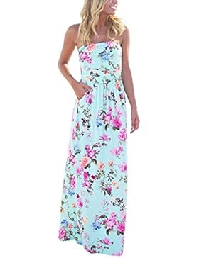 MODETREND Damen Bandeau Bustier Kleider mit Blüte Drucken Lange Sommerkleid Abendkleid Partykleid Cocktailkleid