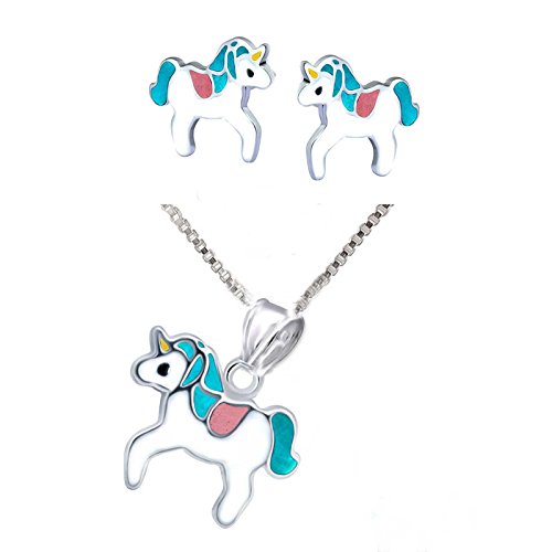 SL-Silver Children's Earrings and Necklace Set in Gift Box Colourful Unicorn Pendant 925 Silver