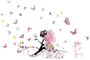 KIBI STORE Kibi Flores Hada Mariposas Pared Adhesivos Pegatinas Decorativas Pared Mariposas Adhesivo para las Niñas Habitación de Niño Wall Stickers Salón Dormitorio