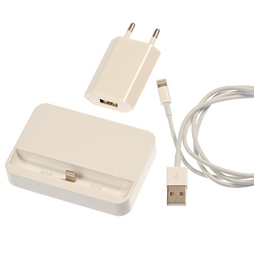 Original iProtect® Super 3 in 1 Set weiß Dockingstation Ladestation und USB Datenkabel Ladekabel und Netzteil Adapter für Apple iPhone 5 5s 5c, iPod Touch 5G, iPod Nano 7G