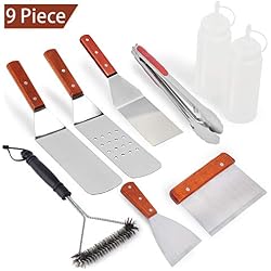 Rain Queen 9pcs Barbecue Outils kit Bois et Acier Inoxydable Pince Palette à Gril spatule INOX Brosse à Barbecue Mallette Plancha Cuisine
