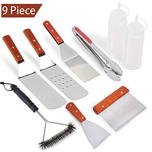 Rain Queen 9pcs Barbecue Outils kit Bois et Acier Inoxydable Pince Palette à Gril spatule INOX Brosse à Barbecue Mallette Plancha Cuisine