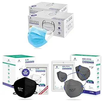 CARE VIEW 3 Ply Disposable Surgical Face Mask Box (Pack of 100, BLUE) & N-95 Model CV1221H Head Loop Style Protective Unisex Face Mask - Set of 10 & N-95 Model CV1221H Face Mask (Grey) - Set of 10