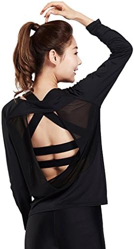 Byjia Women Blouse Casual T-Shirt Long Sleeve Tops Yoga Sport Super Soft Cowl Lightweight Open Back Workout Tee Shirts . Black . M