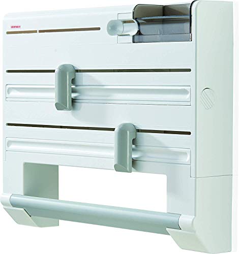 Leifheit Dérouleur mural Parat Plus ComfortLine, dérouleur mural cuisine avec 6 rangements, support de rangement avec lames tranchantes, dévidoir en ABS