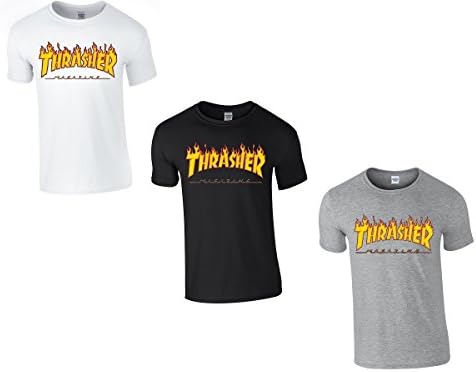 Glidan 3 Pack Men's Flame Thrasher Magazine Logo Printed T Shirt Top Short sleeve Three Pack 1 Grey 1 Black 1 White Large
