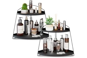 Puricon Corner Bathroom Counter Organizer, 2 Tier Corner Countertop Organizer Vanity Shelf, Wood Bathroom Organizers and Storage for Skincare -Black, 2 Pack