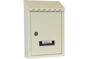 UTILIA Capri Boîte aux lettres 21 x 6 x 30 h, porte-lettres en tôle peinte, toit et auvent arrière, serrure à cylindre, 2 clés (Beige)