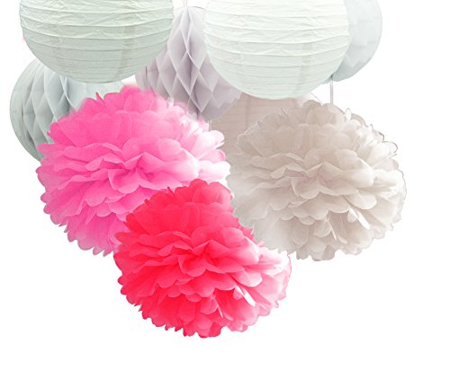 MOONPOP DIY Pom Poms Deko 9 Set – Inhalt 3x Paper Flower Ball 10“, 3x weiße Laternen 10“ und 3x weiße Wabenbälle 8“ für Hochzeit Geburtstag Party Hause Deko (Pink Serie) - 5