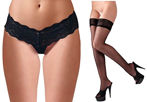 Preisvergleich Produktbild Schwarze verfüherische sexy halterlose Strümpfe mit Spitzen-abschluss Set für schwarze Dessous Strapse Strümpfe Slips Strings Unterwäsche Panties Reizwäsche Tangas (XL)