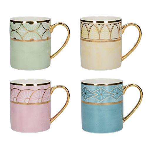 Victoria & Albert Dagoty - Juego de 4 tazas de porcelana, diseño de hojas doradas, color rosa, crema, azul y verde