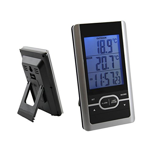 DCF Digital Innen Thermometer mit Außensender und Beleuchtung . Min Max , Funk Uhr und Wecker Funktionen und Analog universal Klebethermometer als Set (SB1117N) - 4