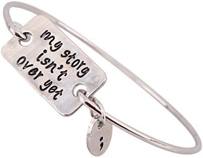 Silver Mental Health Awareness Hand Stamped My Story Isn't Over Yet Motivational Semicolon Bangle Bracelet by BOYZUO