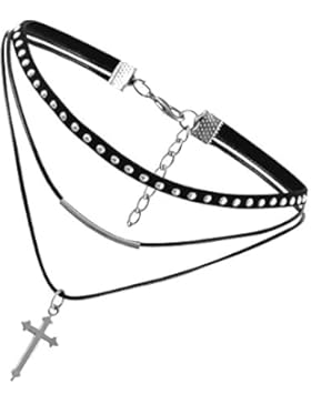 Flongo Leder Samt Halskette Kette Anhänger Tattoo Choker Halsband Schwarz Gold Golden Stretch Elastisch Einstellbar...