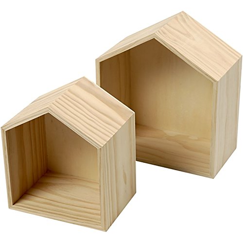 2-teiliges Set Holzbox, Regalbox Hausform, Wandregal Wanddekoration, Holz unbeh. - 2