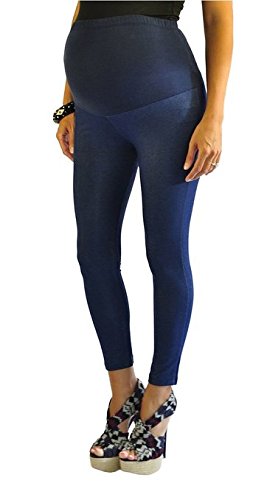 FULL ANKLE BLUE LENGTH COTTON OVER BUMP MATERNITY DENIM LOOK LEGGINGS JEGGINGS * (10, BLUE)