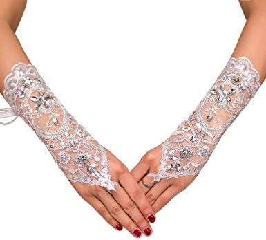 Bridal Lace + Satin Fingerless Rhinestone Wedding Dress Gloves Elegant Elbow Length Crochet Floral Wedding Prom Banquet Party Gloves