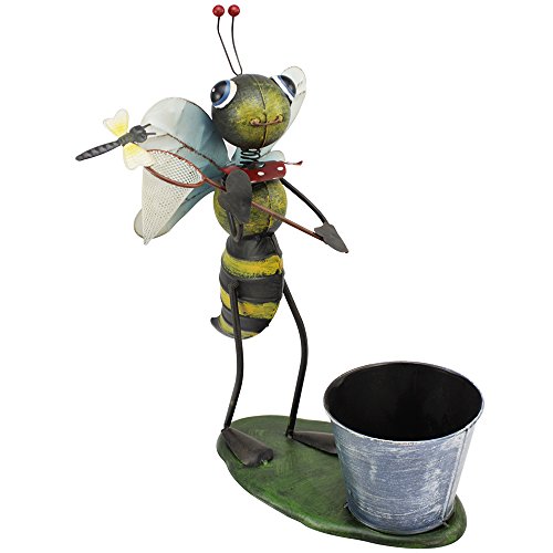 COM-FOUR® Dekofigur "Biene mit Kescher", Gartenfigur aus bunt lackiertem Metall und Pflanztopf im Bienen-Design, ca. 41x34x21cm