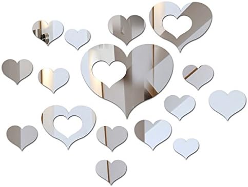 Shichique 16pcs 3D Acrylic Heart Shaped Mirror Wall Stickers Silver Removable Art Wall Stickers Home Decor Wall Decors Pre-Adhesive