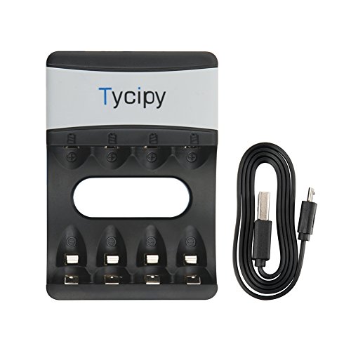 Tycipy LED Akku Ladegerät für Ni-MH/Ni-CD AA/AAA Akkus, Universal Akkuladegerät für 800mAh 5V 4 AA/AAA Batterien mit mit LED-Anzeige Schwarz