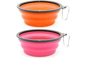SLSON 2PZ Ciotola Pieghevole per Cane,Ciotola Viaggio Cani con Moschettone Alpinismo,Ciotola Portatile Usato per Gatti,Cani e Animali Domestici per L’Acqua e Cibo (1000ml, Arancione e Rosa)