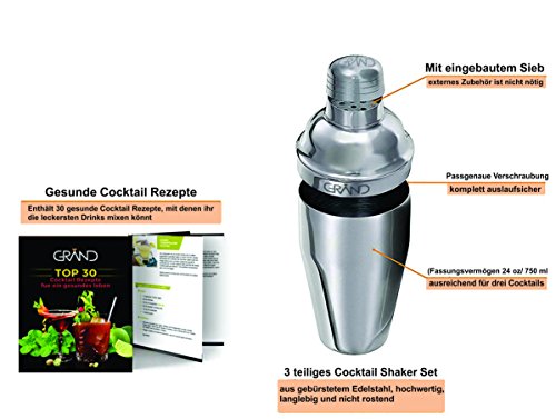 Cocktailshaker Set von GRAND – Das Geschenkeset beinhaltet 1x Edelstahlshaker, 1x Premium Doppel-Messbesser, 1x Stößel, 1x Mixlöffel, 1x Flaschenöffner, 1x CocktailRezepte-Ebook. - 3