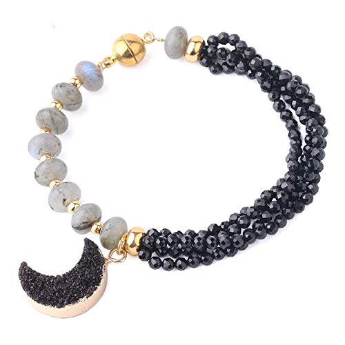 Preisvergleich Produktbild NauyGnol 8 mm natürlicher Labradorit Magnetverschluss, 3 mm Schwarze facettierte Perlen, mehrlagige Mond-Charm-Armbänder für Damen und Herren