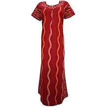 Mogul Interior Womens Caftan Cotton Red Printed Nightgown House Dress M