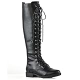  ESSEX GLAM Damen Schnüren Kniehohe Stiefel Frau Schwarz Kunstleder Reißverschluss Biker Armee Kampfstiefel EU 41