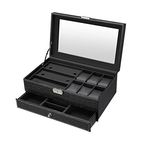 CRITIRON Watch Box, Luxury Mens Watch Organizer Storage Case, Faux Leather Jewelry Display Holder with Drawer and Acrylic Glass, Black