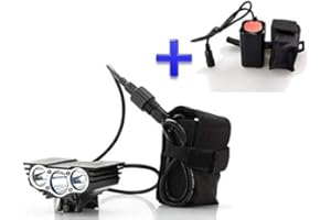 Theoutlettablet® Pack Foco Luz delantera / Foco frontal para Bici 6000 lúmenes Linterna LÁMPARA TORCH frontal 3x CREE XM-L U2 LED de bicicleta /bici lámpara Luz LED frontal para manillar de bicicletas (3 focos, 6000 Lumens) con batería y cargador COLOR NEGRO + Batería Extra