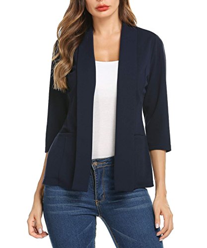 Aimage Women Solid Open Front Blazer Cardigans 3 4 Sleeve Pockets Lapel Suit Jacket