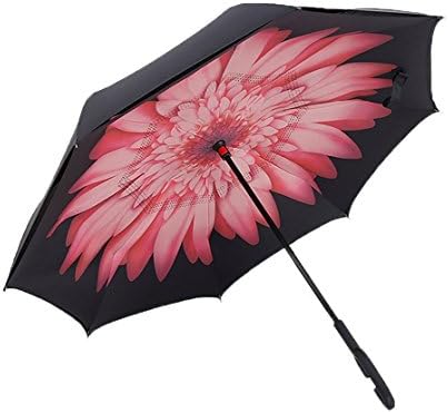 Double Layer Inverted Umbrella Cars Reverse Umbrella,Windproof UV Protection Big Straight Umbrella for Car Rain Outdoor With C-Shaped Handle Travel Umbrella by Elecmart(Pink Marguerite)