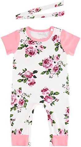 SECRET CHERISH Newborn Girls Bodysuit Flower Print Short Sleeve Cotton Romper + Headband Set For 0-24 Months Baby