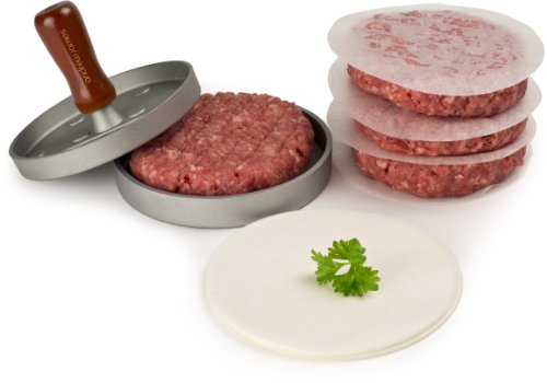 Andrew James – Hamburgerpresse mit Holzgriff für ¼ Pfund Burger + 100 Wachsscheiben – Ideal für Sommer BBQs – Auseinandernehmbar für Einfache Reinigung