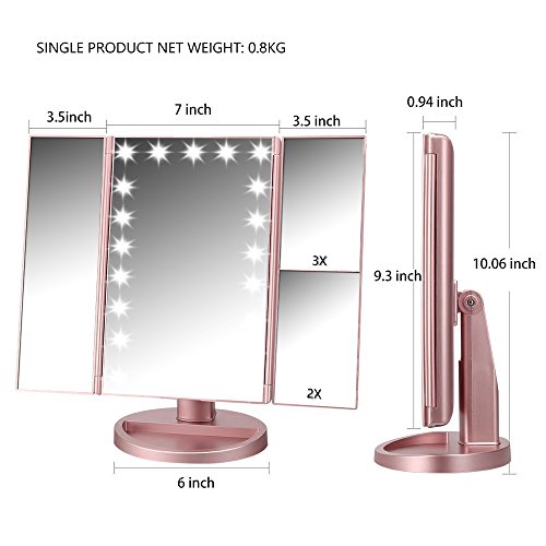 Easehold 1x 2x 3x ELander faltbar, beleuchtete Kosmetikspiegel mit Badezimmer Spiegel Eitelkeit Spiegel drei Panel 21Pcs Led Licht 180 Grad frei drehbare Arbeitsplatte Kosmetik Make-up-Spiegel (Rosen-Gold) - 3