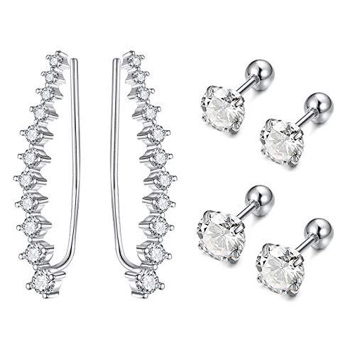 JFORYOU Ear Cuffs Climber Earrings Crawler Earring Studs with 11 Round Cut White CZ for Pierced Ear for women girls