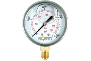 Flowfit Hydraulic Pressure Gauge, Glycerine Filled, 63mm Dial Size, Rated for 0-4000 PSI (275 Bar), 1/4" BSP Base Entry