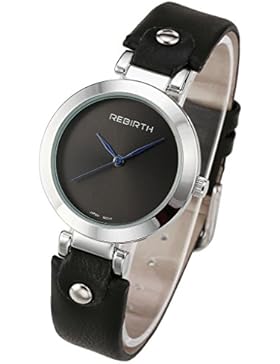 JSDDE Armbanduhr Lederband Rund Uhr blau Zeiger 30M Wasserdicht Mineralglas Quarzwerk Analog Damen Schwarz