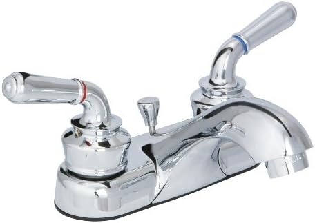 Huntington Brass 63431-01 4-Inch Center Set Two Handle Low Arc Lavatory Faucet with Brass Pop-Up Drain Assembly, Chrome