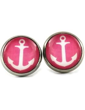Katharina Fairytale Damen Mädchen Ohrstecker Anker Rockabilly Motiv rosa weiß Cabochon 12mm silber