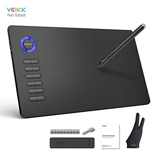 VEIKK A15 10x6 inch Digital Graphics Drawing Tablet Drawing Pen Tablet with Battery-Free Passive Stylus and 12 Shortcut Keys?20 Nibs and 1 Artist Glove (8192 Levels Pressure) (Blue)