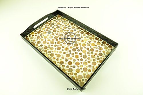wooden tray handmade serving tray platter rectangular wood tray lacquer inlaid with mother of pearl sea shell fine quality decorative tray medium size brown black H062M