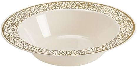 [10 PACK] Lace Collection Elegant Premium Plastic Disposable Party Dinner Plates (12oz-354ml Soup Bowls, Cream &amp; Gold)