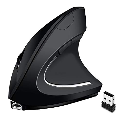 Deofde - Ratón óptico Vertical ergonómico Recargable inalámbrico 2,4 G, 800/1200/1200 dpi, 5 Botones, para Ordenador portátil, de Escritorio y Macbook, Color Negro