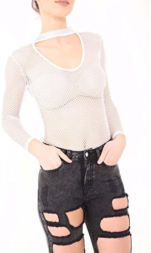 Lollipop Clothing Ladies Long Sleeved Net Mesh V-Neck Chocker Fish Bodysuit Leotard Red Black
