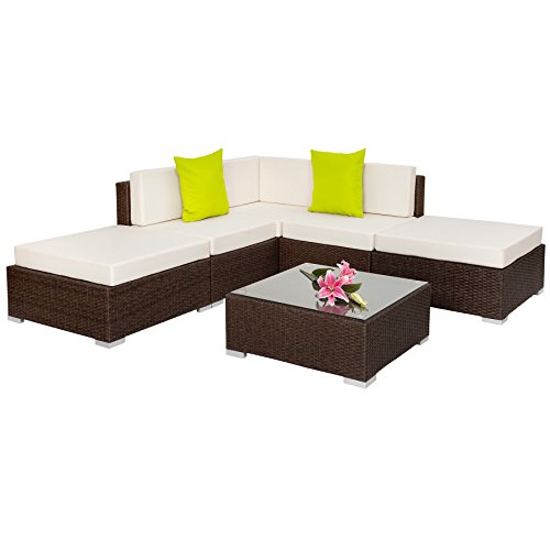 TecTake Hochwertige Aluminium Polyrattan Lounge Sitzgruppe mit Glastisch inkl. Kissen und Klemmen antik braun